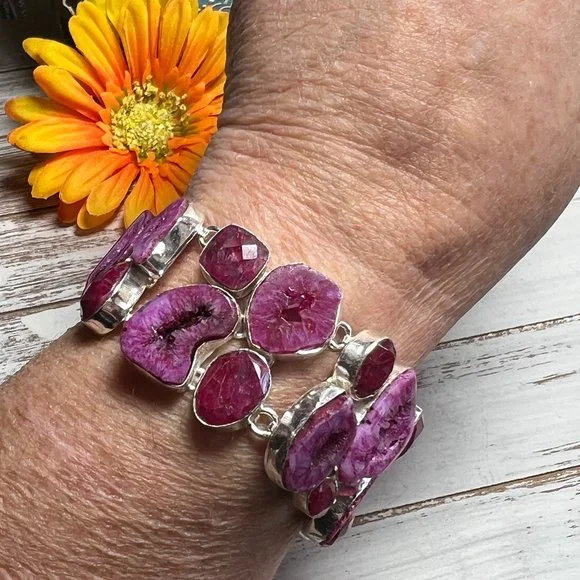 Solar Agate & Ruby Bracelet Handmade Stone Gemstone 925 Silver Large Ethnic New